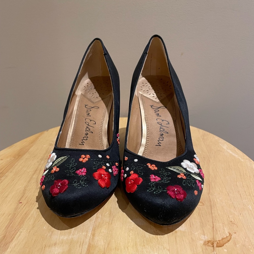 Unique floral embroidered satin wedges by Sam Edelman
